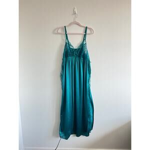 Teal Satin Lace-Trim Slip Nightgown L Vintage Glamour Whimsigoth Fairycore Siren